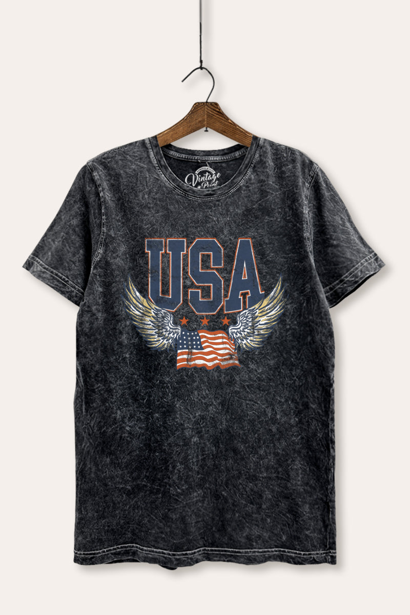 USA Flag Wings Of Freedom Graphic Mineral Wash Relaxed Tee