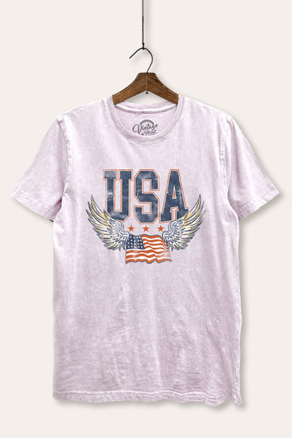 USA Flag Wings Of Freedom Graphic Mineral Wash Relaxed Tee