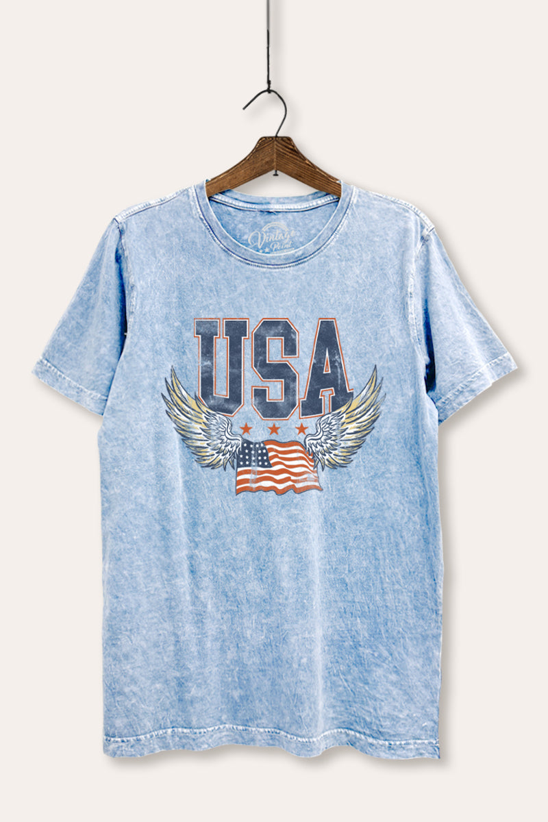 USA Flag Wings Of Freedom Graphic Mineral Wash Relaxed Tee
