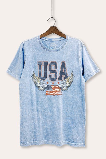 USA Flag Wings Of Freedom Graphic Mineral Wash Relaxed Tee