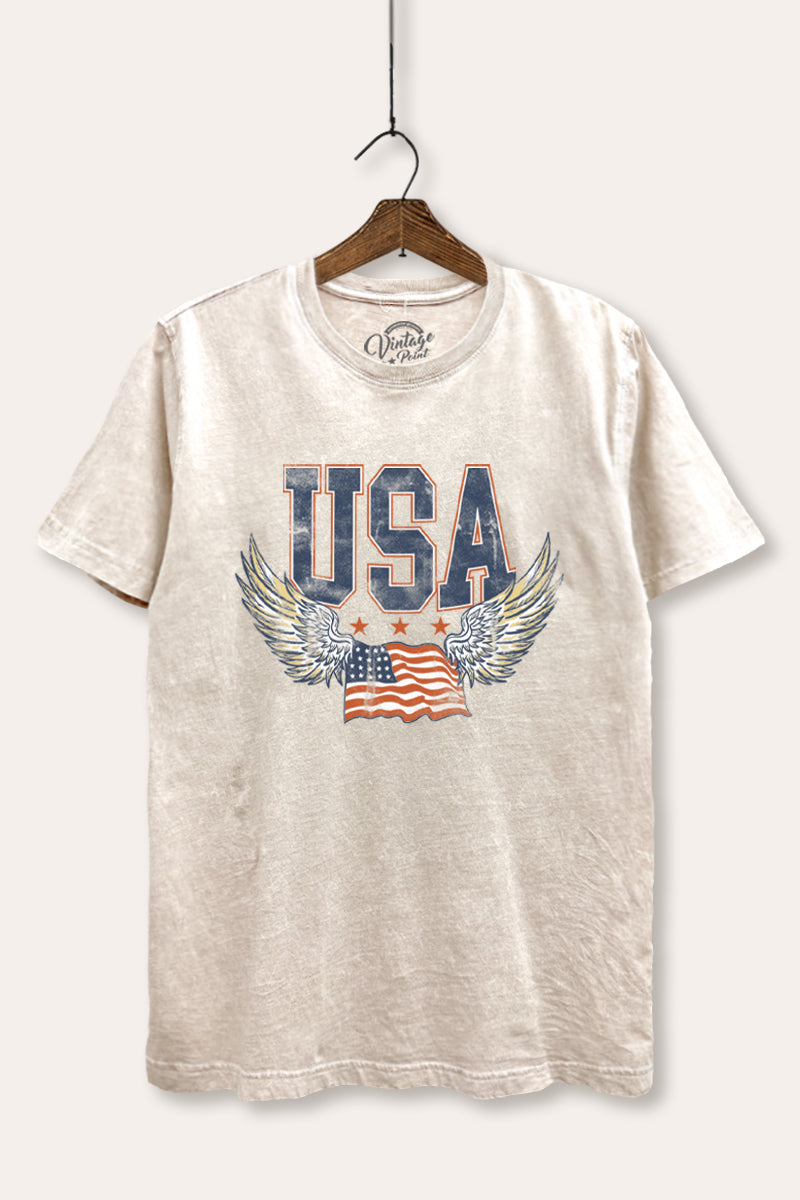 USA Flag Wings Of Freedom Graphic Mineral Wash Relaxed Tee