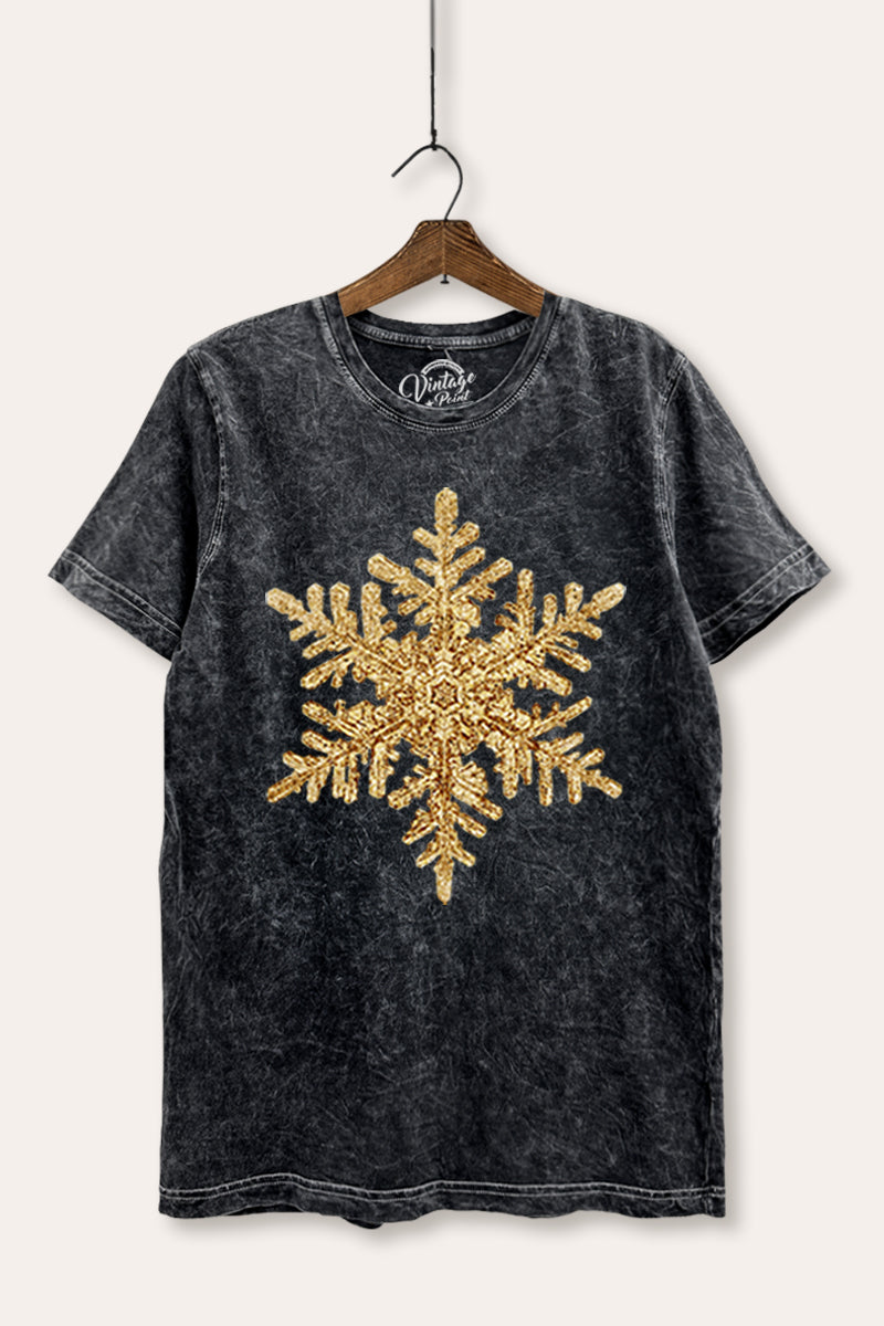 Gold Snowflake Holiday Graphic Mineral Wash Relaxed Tee
