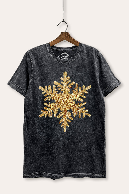 Gold Snowflake Holiday Graphic Mineral Wash Relaxed Tee