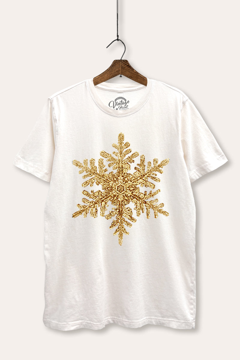 Gold Snowflake Holiday Graphic Mineral Wash Relaxed Tee