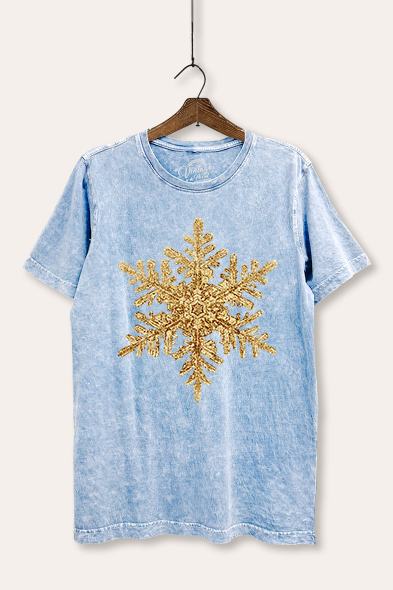 Gold Snowflake Holiday Graphic Mineral Wash Relaxed Tee