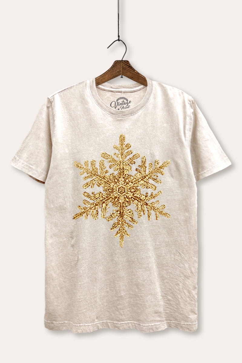 Gold Snowflake Holiday Graphic Mineral Wash Relaxed Tee