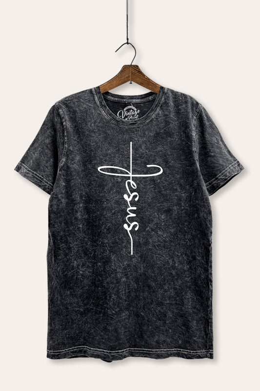 Jesus Cross Typography Mineral Wash Relaxed Tee