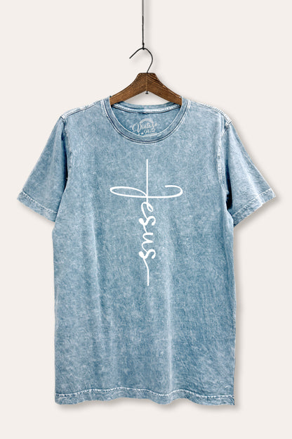 Jesus Cross Typography Mineral Wash Relaxed Tee