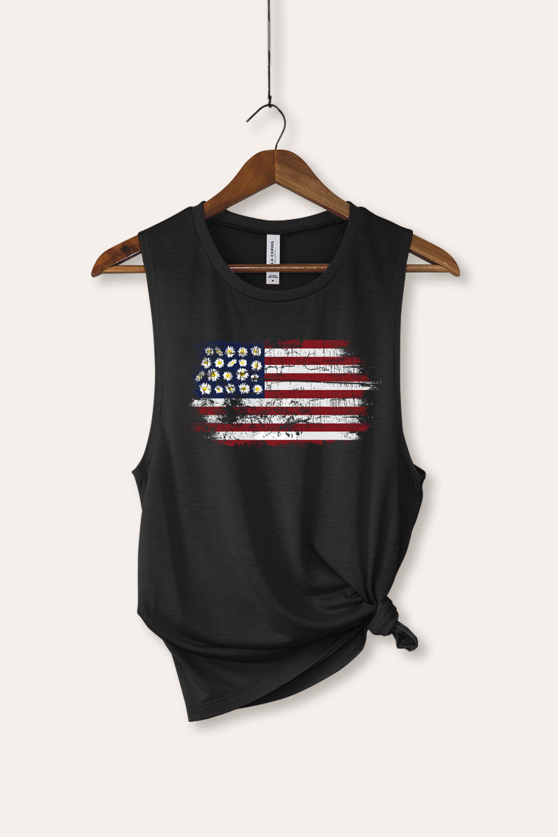 Distressed Floral USA Flag Graphic Women's Jersey Tank Top