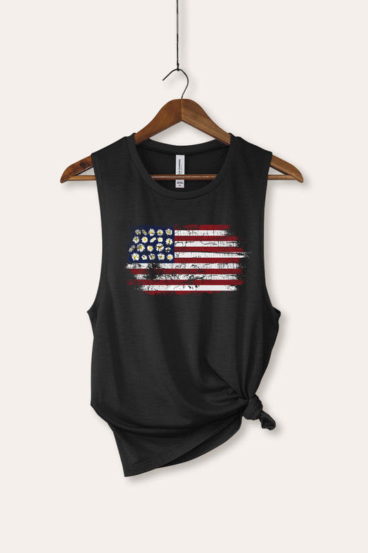 Distressed Floral USA Flag Graphic Women's Jersey Tank Top