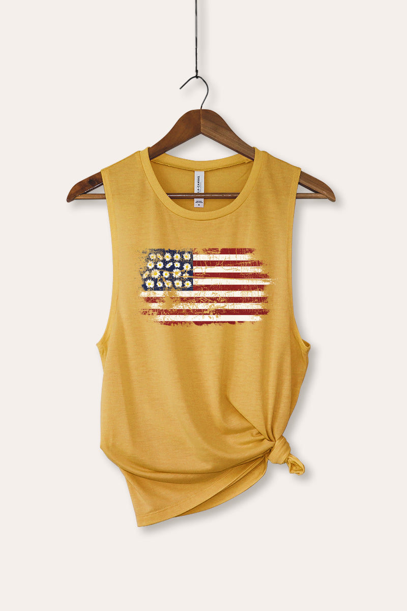 Distressed Floral USA Flag Graphic Women's Jersey Tank Top