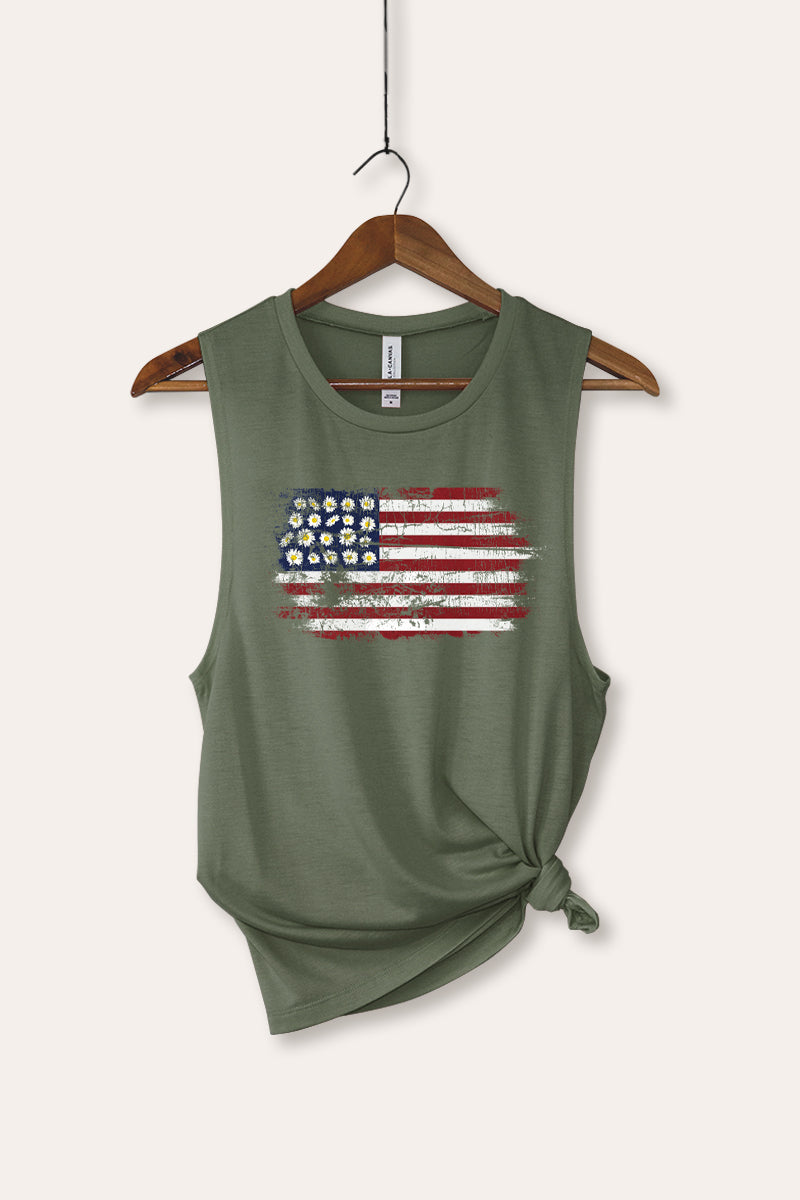 Distressed Floral USA Flag Graphic Women's Jersey Tank Top