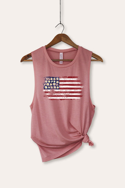 Distressed Floral USA Flag Graphic Women's Jersey Tank Top