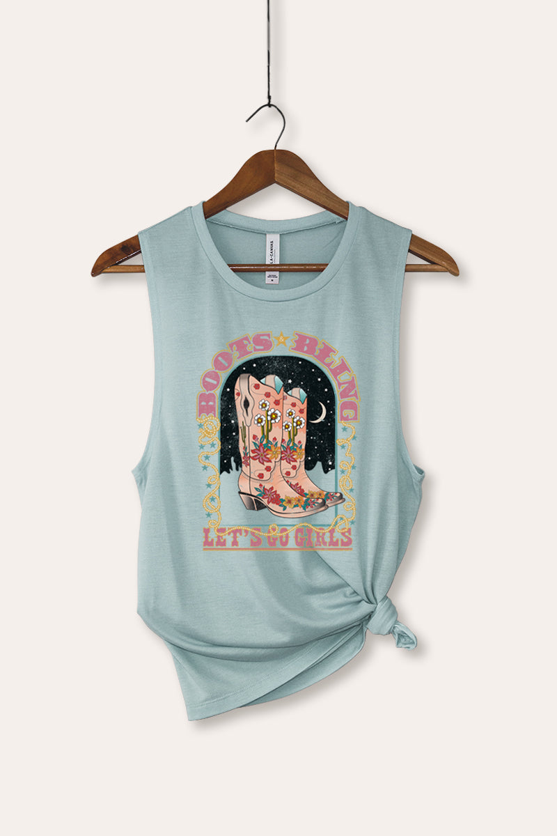 "let's go girls" retro boots bling bella+canvas® graphic tank top