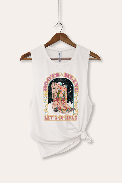 Cowgirl Boots Bling Stars Graphic Women's Jersey Tank Top