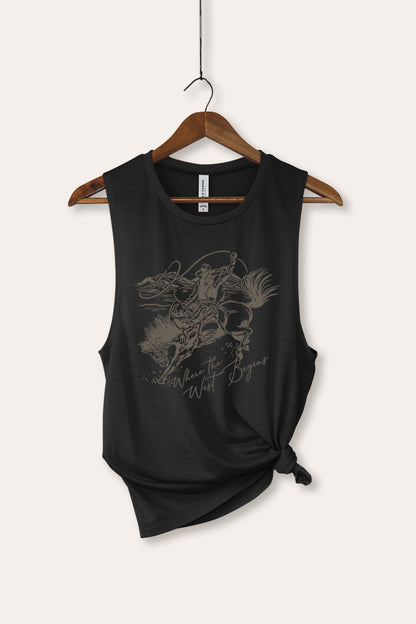 Where The West Begins Cowboy Graphic Women's Jersey Tank Top