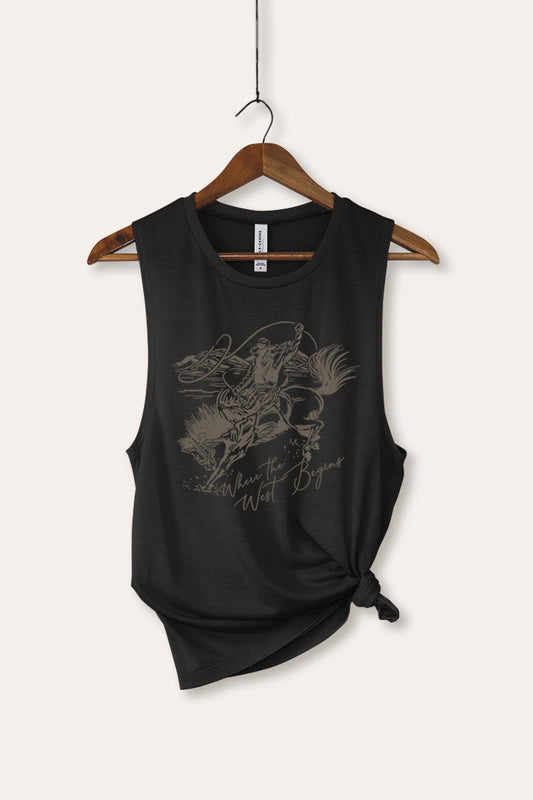 Where The West Begins Cowboy Graphic Women's Jersey Tank Top