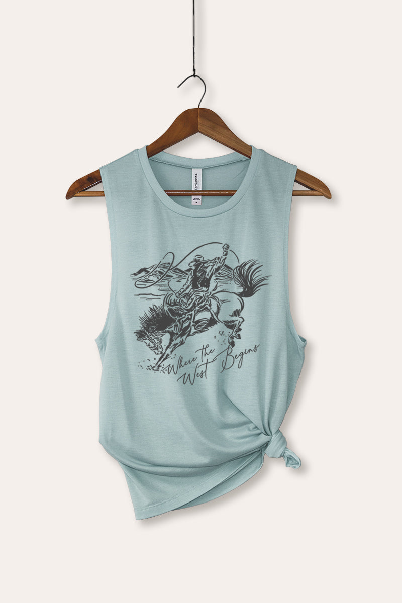 "where the west begins" bella+canvas® cowboy graphic tank top
