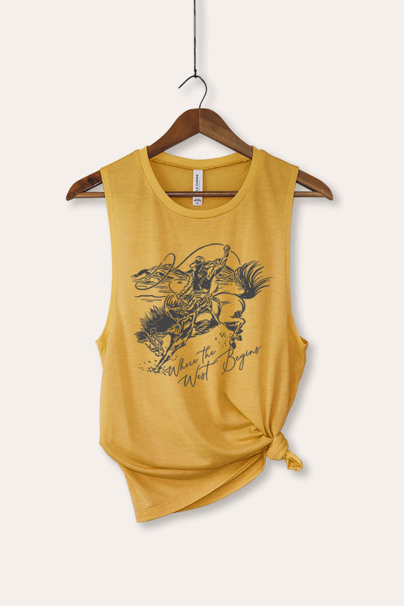 "where the west begins" bella+canvas® cowboy graphic tank top