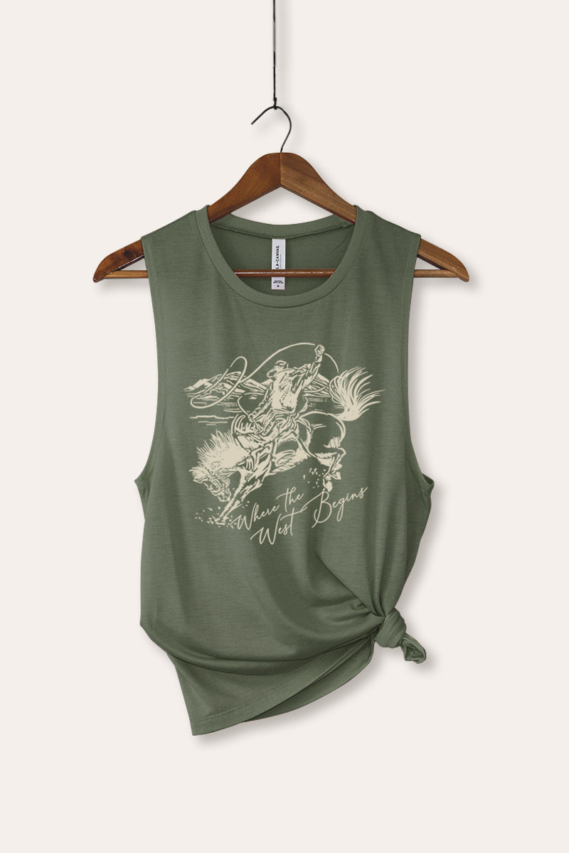 "where the west begins" bella+canvas® cowboy graphic tank top