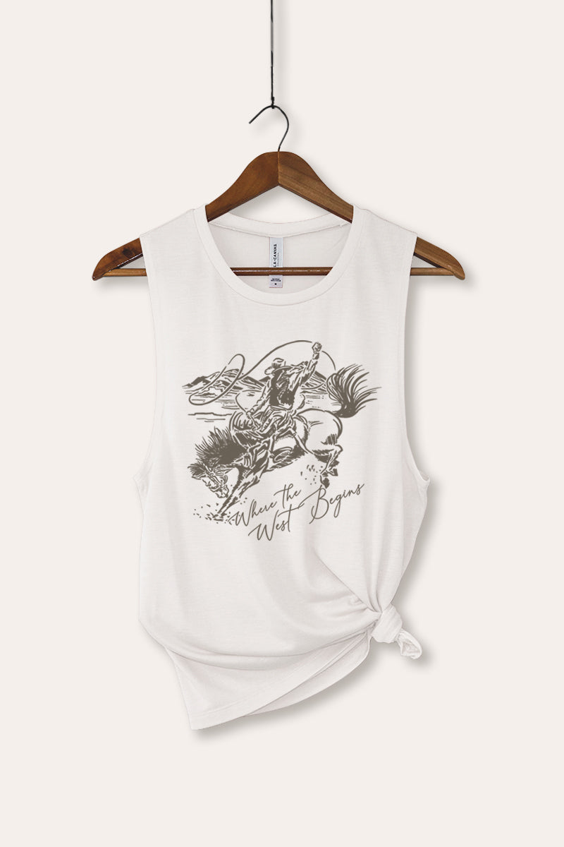 "where the west begins" bella+canvas® cowboy graphic tank top