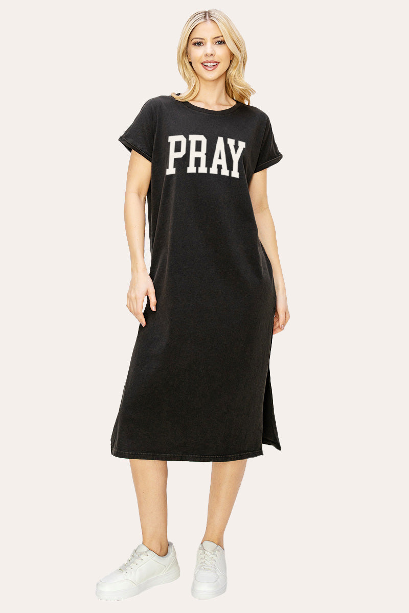 "pray" graphic midi dress