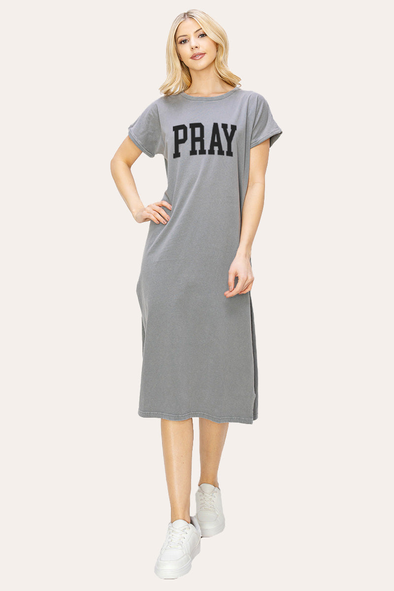 "pray" graphic midi dress